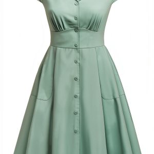 Belle Poque Womens 1940s Vintage Dress Collar V Neck Button Down Dress Cap Sleeve Dress with Pockets-0
