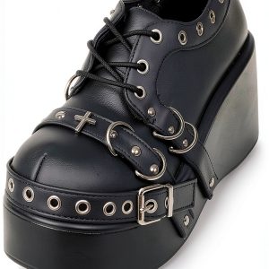 Women Platform Mary Jane Shoes - Gothic Punk Buckle Ankle Strap Wedge-0