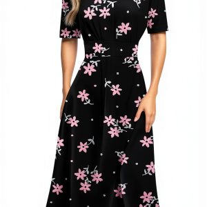Women's Casual Dress Short Sleeve V Neck Floral Print Waisted S-2XL-0