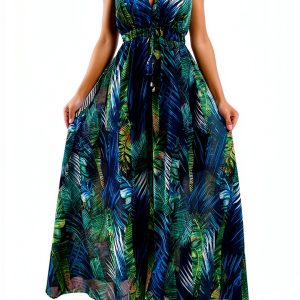 Women's Dresses Summer Casual Sleeveless V-Neck High Waist Dresses Boho Beach Floral Maxi Dresses, S-2XL-0