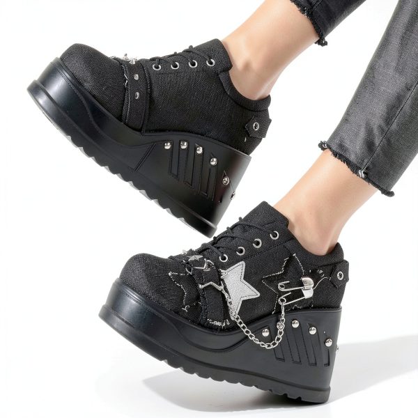 Women Punk Platform Sneakers Gothic Denim Wedge Heels with Chain Studs-2