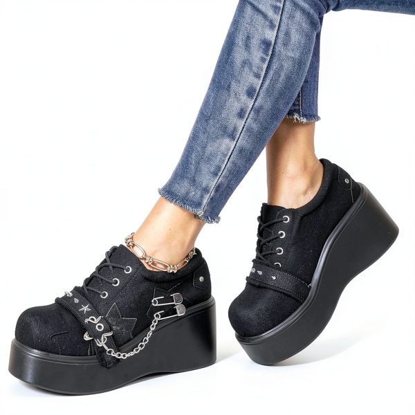 Women Punk Platform Sneakers Gothic Denim Wedge Heels with Chain Studs-4