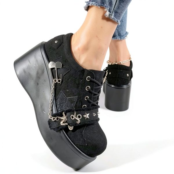 Women Punk Platform Sneakers Gothic Denim Wedge Heels with Chain Studs-5