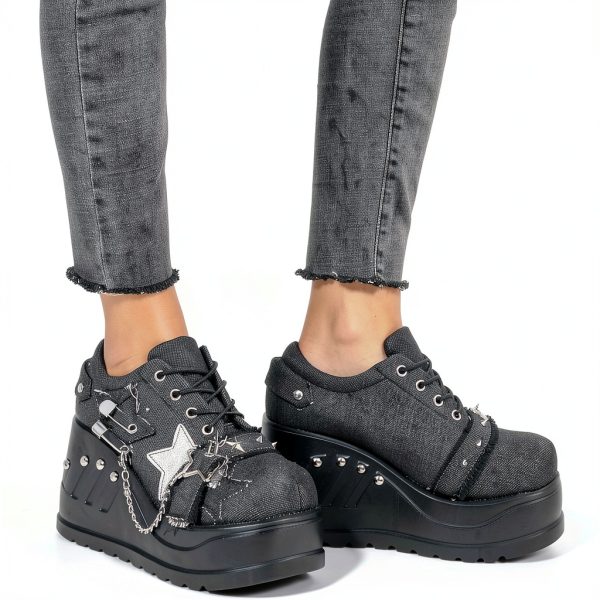 Women Punk Platform Sneakers Gothic Denim Wedge Heels with Chain Studs-3