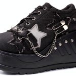 Women Punk Platform Sneakers Gothic Denim Wedge Heels with Chain Studs-0