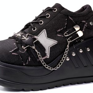 Women Punk Platform Sneakers Gothic Denim Wedge Heels with Chain Studs-0