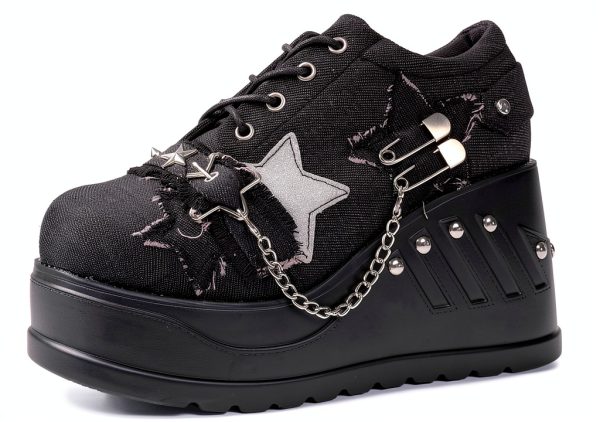 Women Punk Platform Sneakers Gothic Denim Wedge Heels with Chain Studs-0