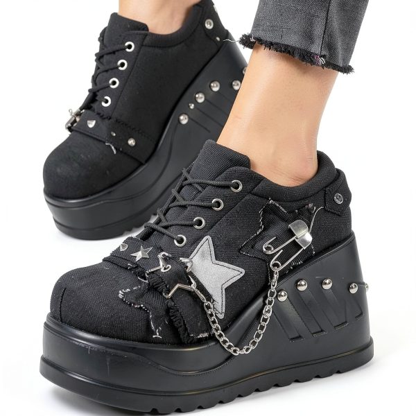Women Punk Platform Sneakers Gothic Denim Wedge Heels with Chain Studs-1
