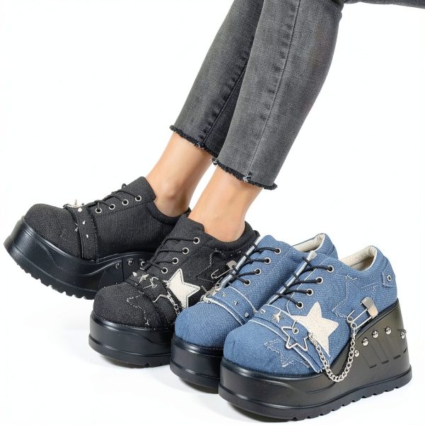 Women Punk Platform Sneakers Gothic Denim Wedge Heels with Chain Studs-6